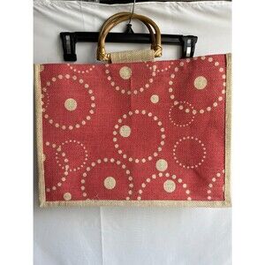 Vintage Bamboo Top Handle Beach Tote Woven Coastal Grandma Coral Geometric Cute
